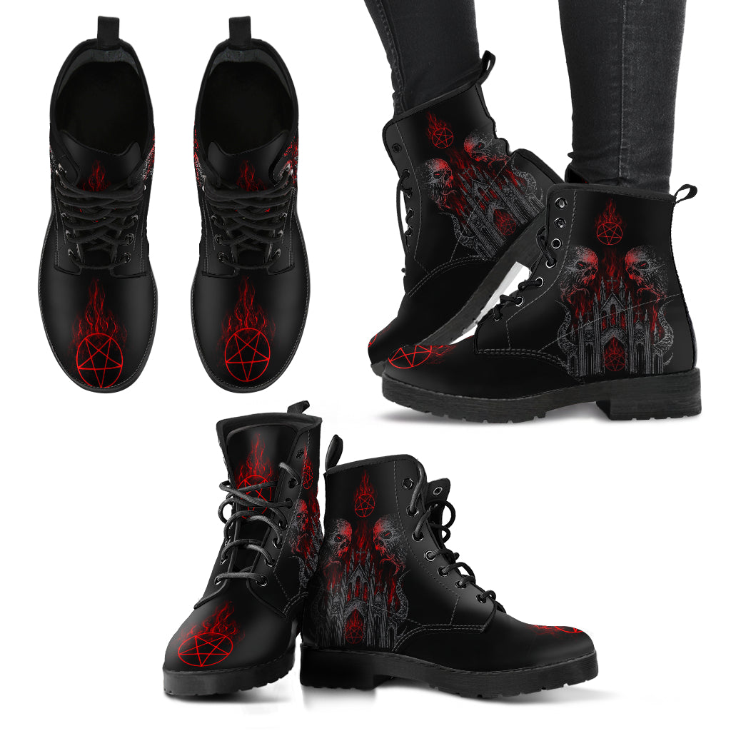 Skull Demon Satanic Pentagram Church Flame Handcrafted Leather Boots Dark Version