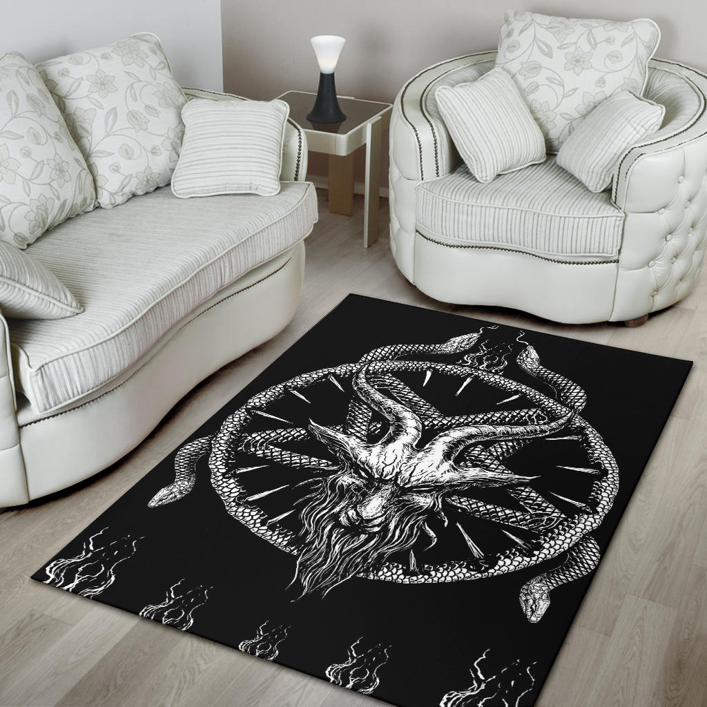 Skull Satanic Demon Goat Satanic Pentagram Serpent Area Rug Large Goat Version Black And White
