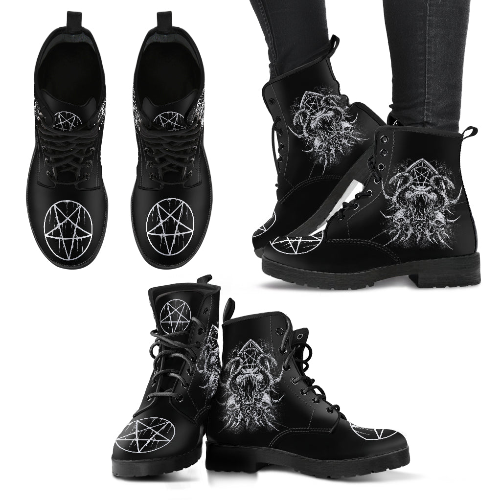 Skull Satanic Pentagram Serpent Leather Boots Black And White