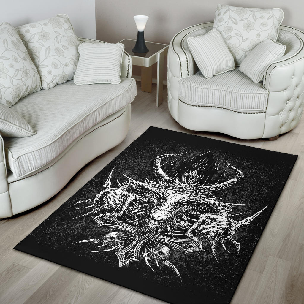 Skull Satanic Crowned Goat Satanic Cross Satanic Pentagram Night Church Part 2 Area Rug Black And White