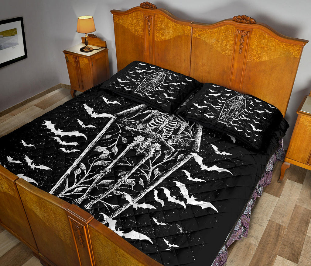 Bat Skull Skeleton Coffin Shrine 3 Piece Quilt Black And White