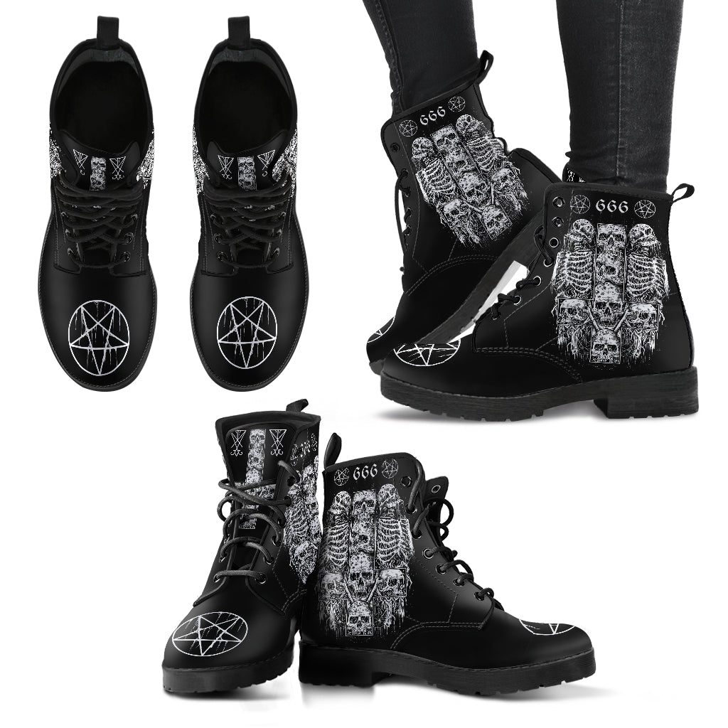 Skull Satanic Cross Satanic Pentagram 666 Leather Boots