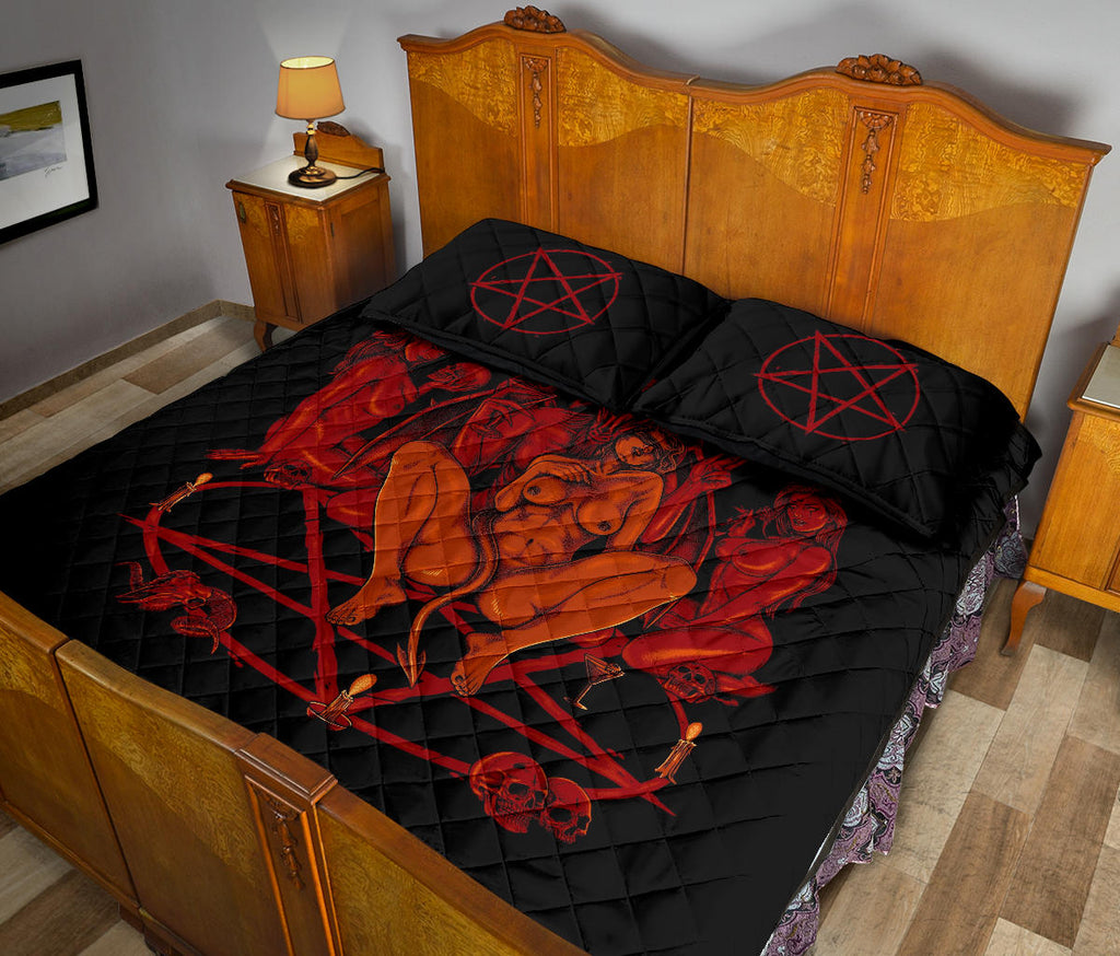 New! Skull Satanic Baphomet Goat Satanic Pentagram Lust God Naughty And Lovin It Cocktail Flesh Party Quilt 3 Piece Set Color