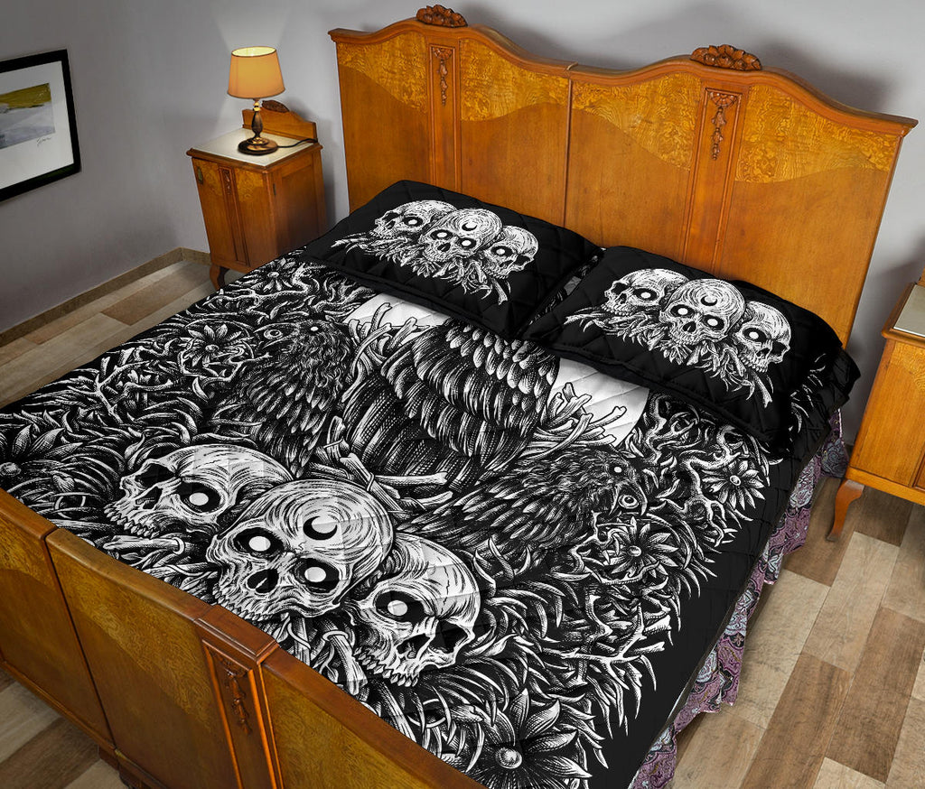 Skull Gothic Occult Crow Eye Quilt New Dark Black And White 3 Piece Set