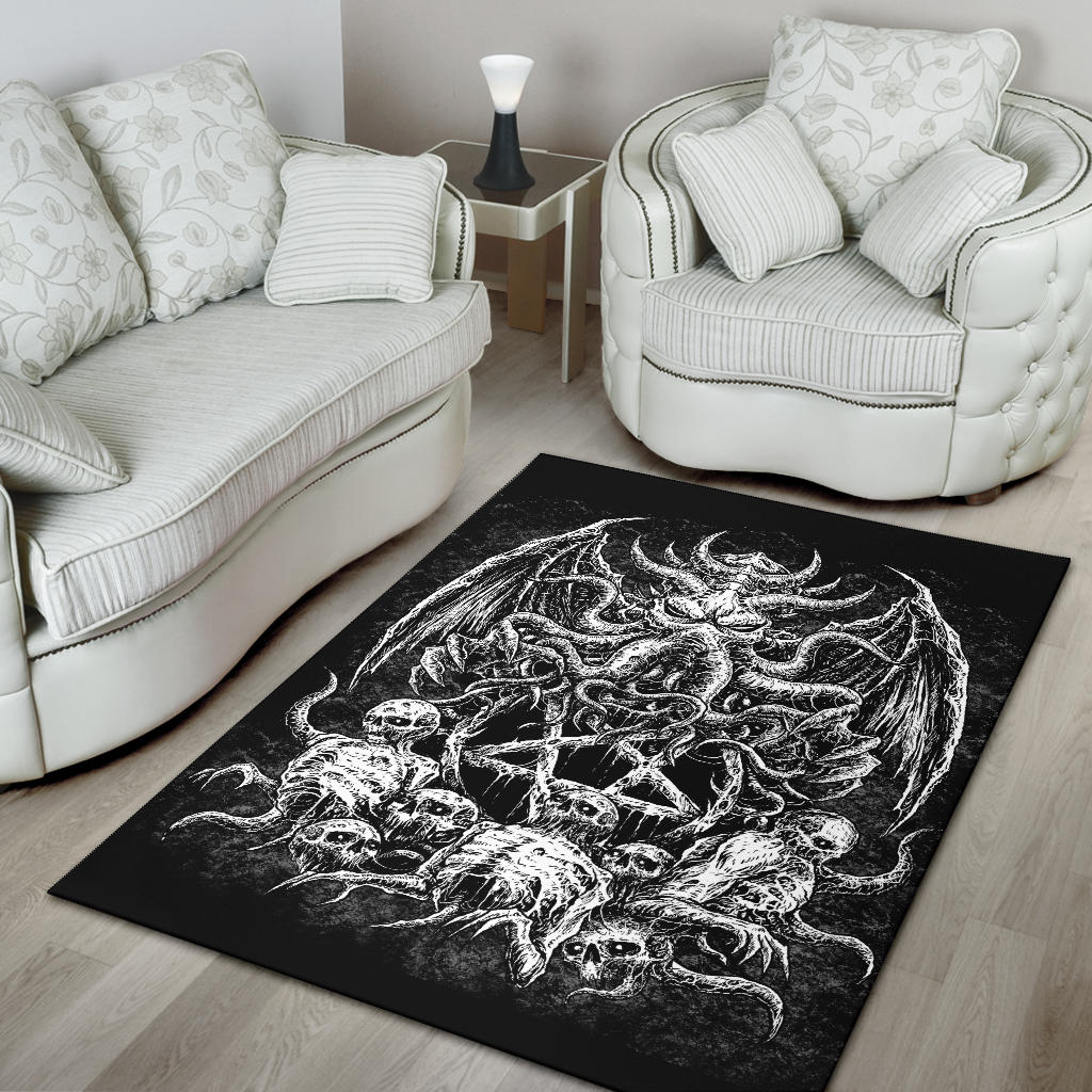 Skull Skeleton Demon Octopus Satanic Pentagram Area Rug Black And White Version