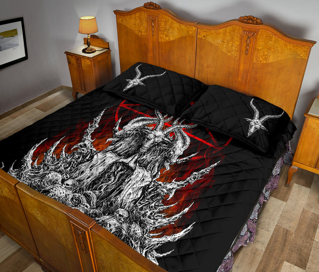 Skull Satanic Goat Satanic Pentagram Flame Quilt 3 Piece Set Large Flame Version