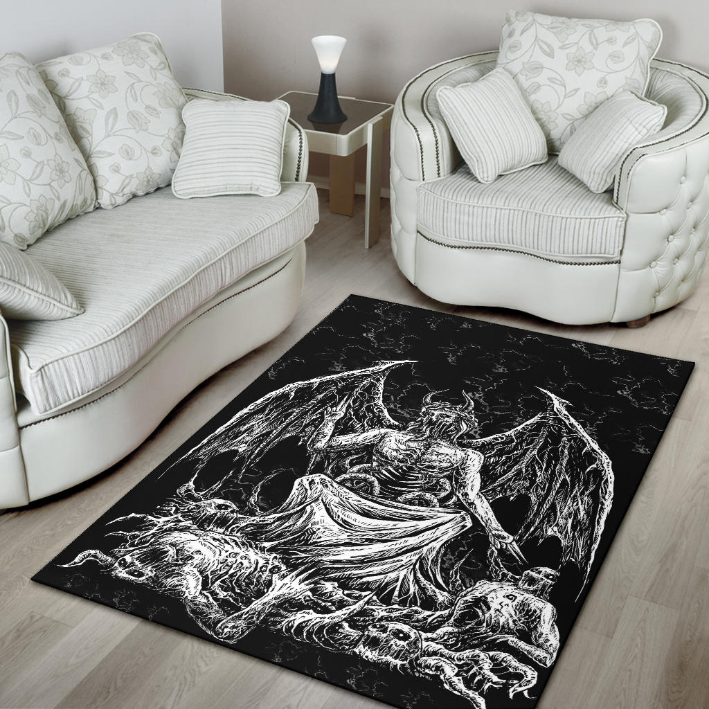 Skull Skeleton Satanic Bat Wing Demon God Area Rug Black And White