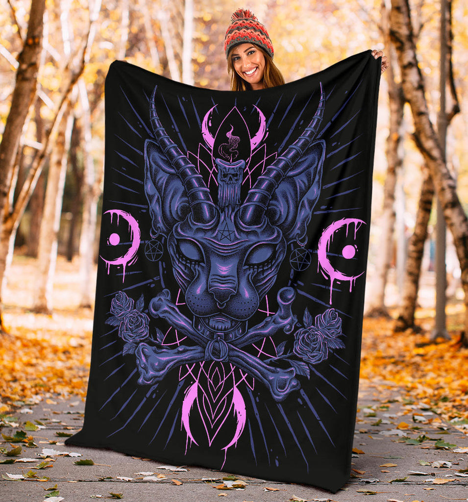 Skull Gothic Occult Black Cat Unique Sphinx Style Part 2 Blanket Awesome Demonic Eye Blue Pink Pentagram Version