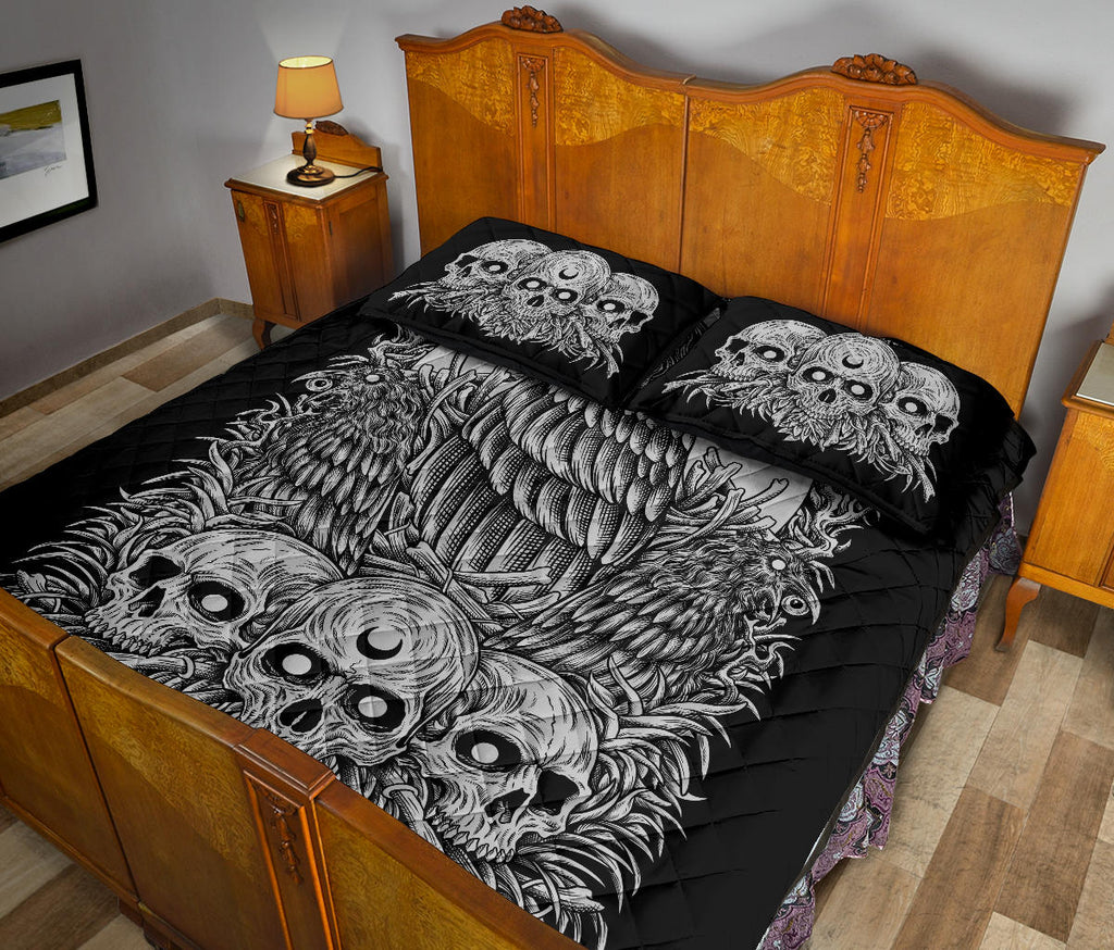 Skull Gothic Occult Crow Quilt 3 Piece Bed Set Black And White Version