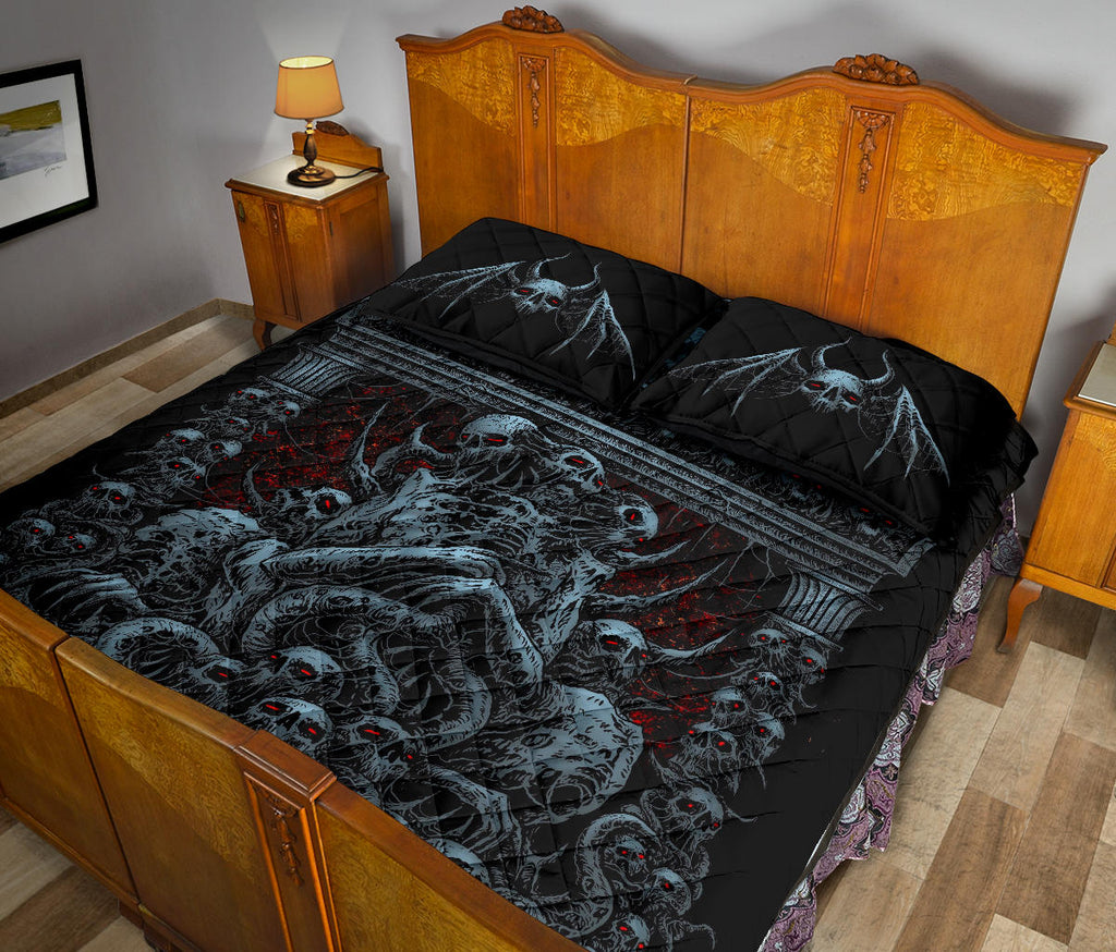 Skull Skeleton Gothic Satanic Bat Skull Death Shrine Quilt 3 Piece Set Color Version