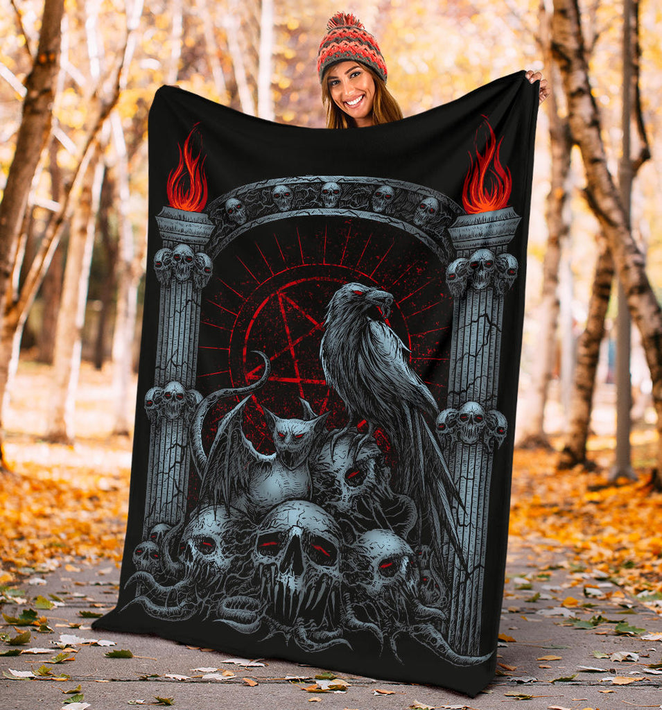 Skull Goth Occult Pentagram Batwing Demon Cat Blanket Color Version