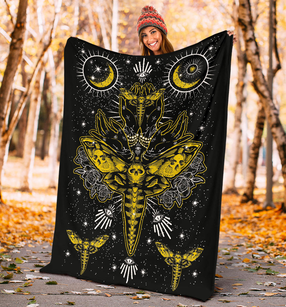 Skull Moth Secret Society Occult Style Blanket Black And White yellow