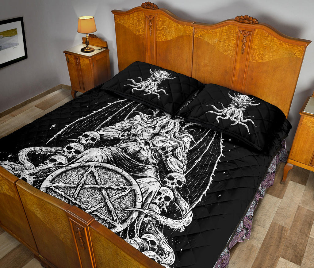 Skull Satanic Pentagram Demon Octopus Skull Throne Quilt 3 Piece Set