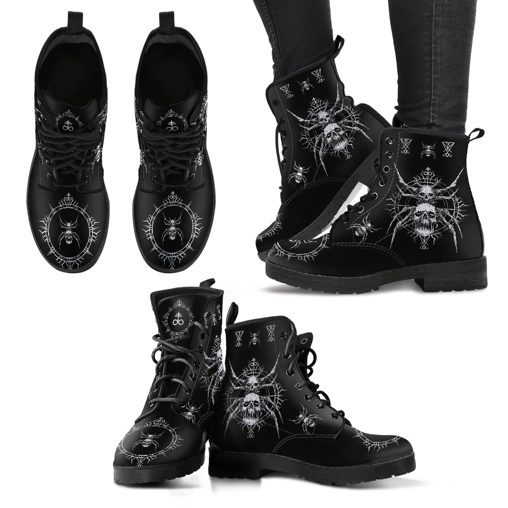 skull goth Satanic spider Leather Boots Black And White