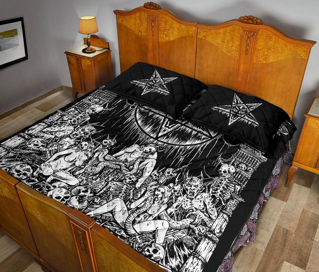 Skull Skeleton Satanic Pentagram Demon Lust Shrine Quilt 3 Piece Set