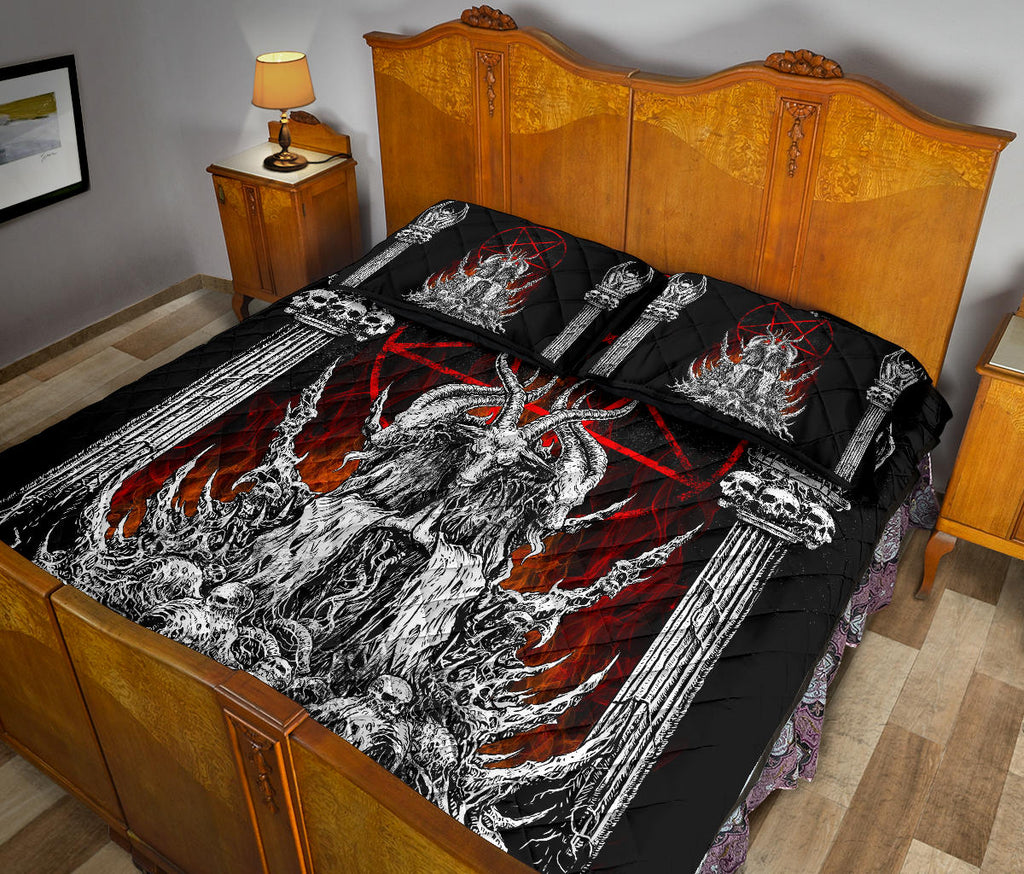 skull Satanic Goat Satanic Pentagram Flame Quilt 3 Piece Bed Set