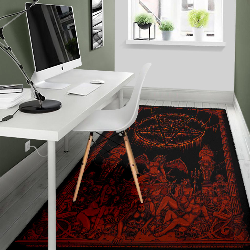 Satanic Pentagram Skull Sexy Winged Demon Welcome To Hell's Pearly Pleasure Gates Area Rug Red Version