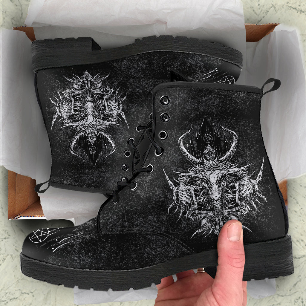 Skull Skeleton Demon Satanic Crowned Goat Satanic Cross Satanic Pentagram Night Church Part 2-Leather Boots