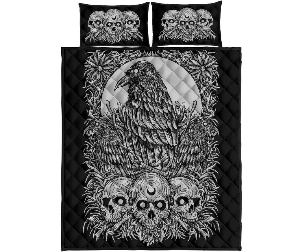 Skull Gothic Occult Crow Quilt 3 Piece Bed Set Black And White Version