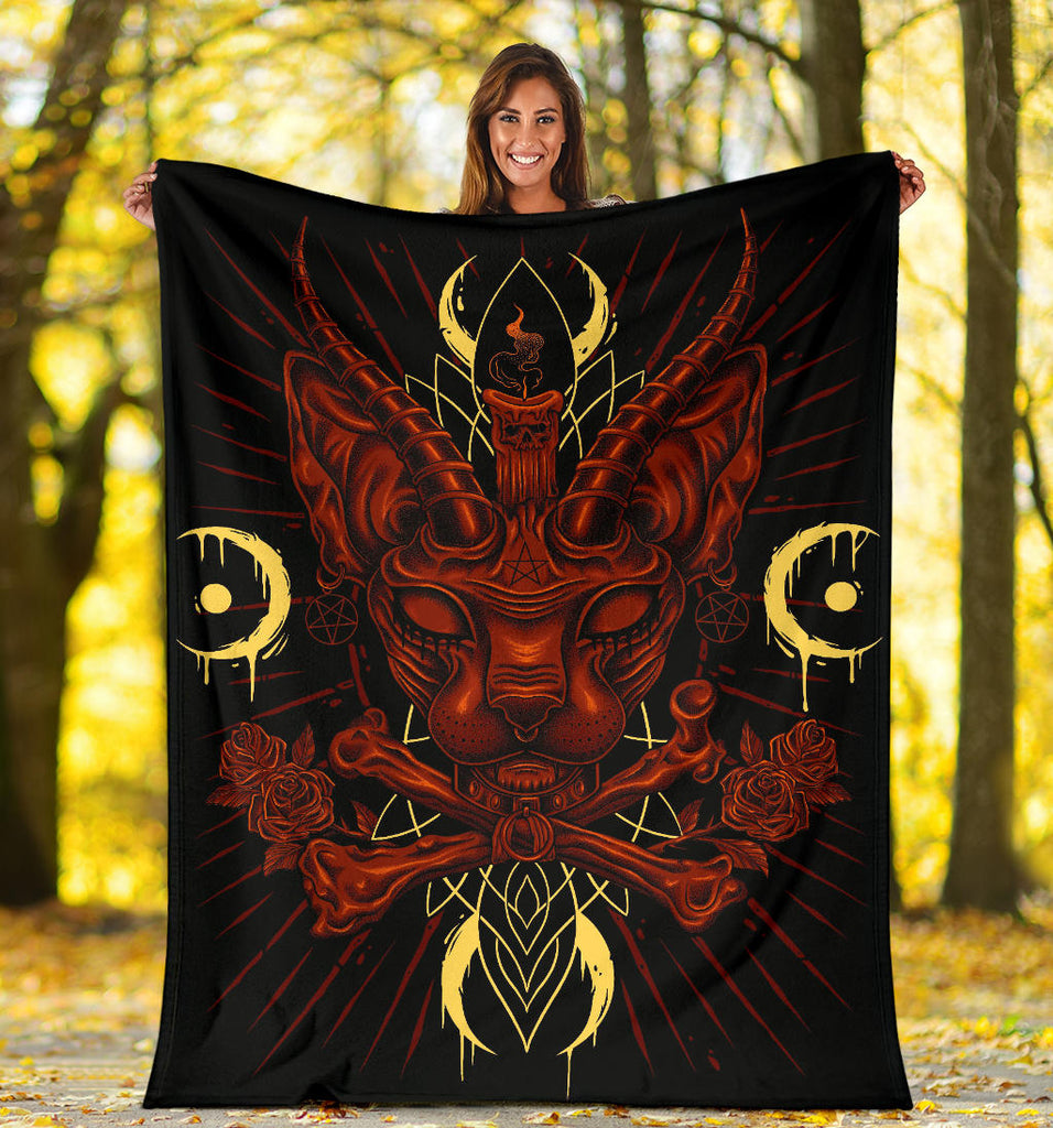 Skull Gothic Occult Black Cat Unique Sphinx Style Part 2 Blanket Awesome Demonic Eye Red Flame Pentagram Version