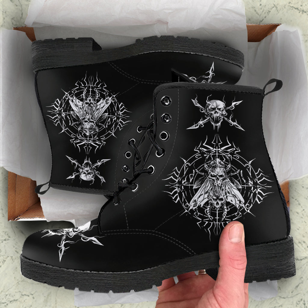 Skull Goth Fly Leather Boots Small Fly Version Black And White