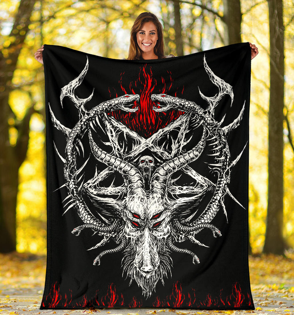 Skull Satanic Goat Satanic Pentagram Serpent Flame Blanket Black And White Red Flame