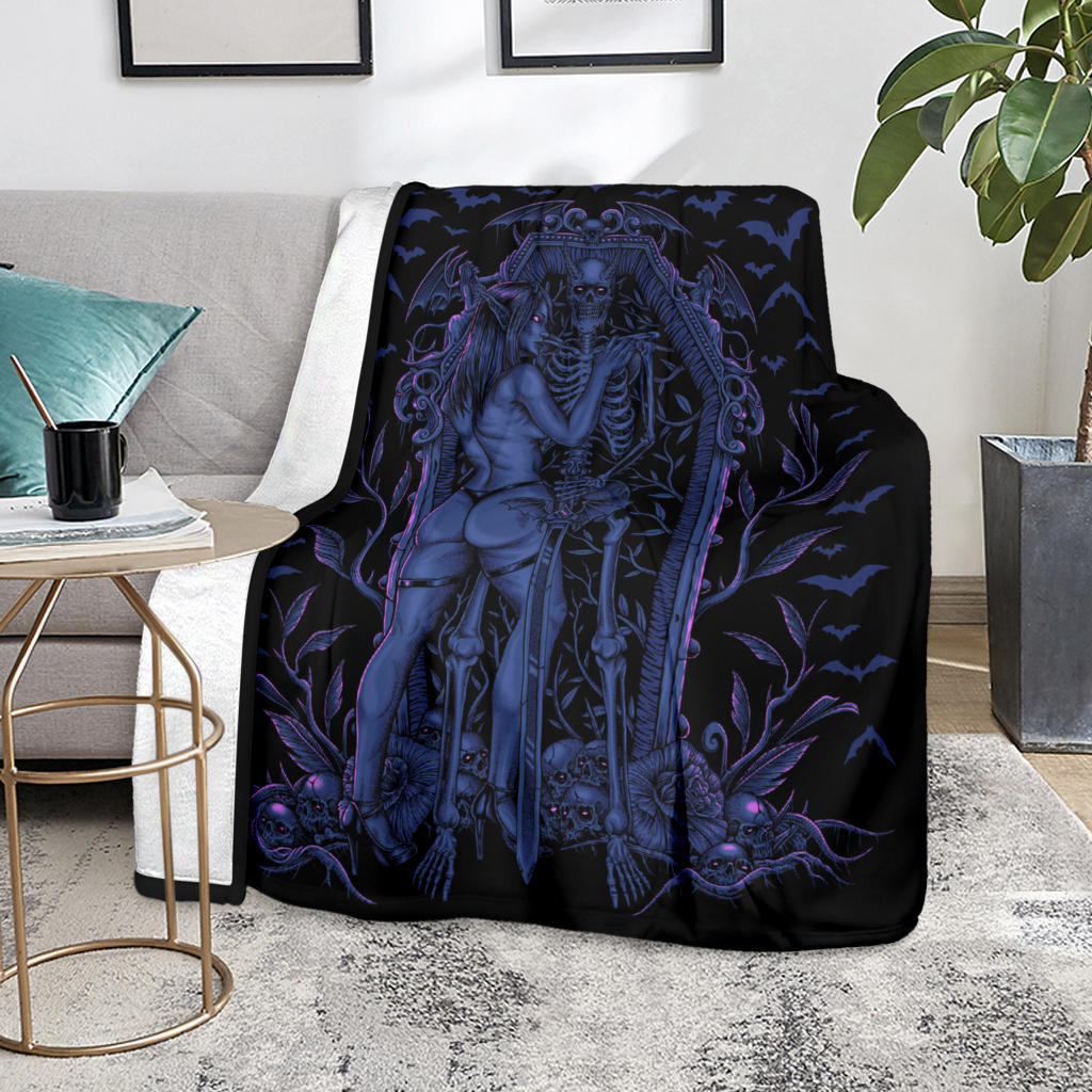 Bat Skull Bat Wing Erotic Demonic Skeleton Coffin Shrine Blanket Awesome Glowing Sexy Blue Pink