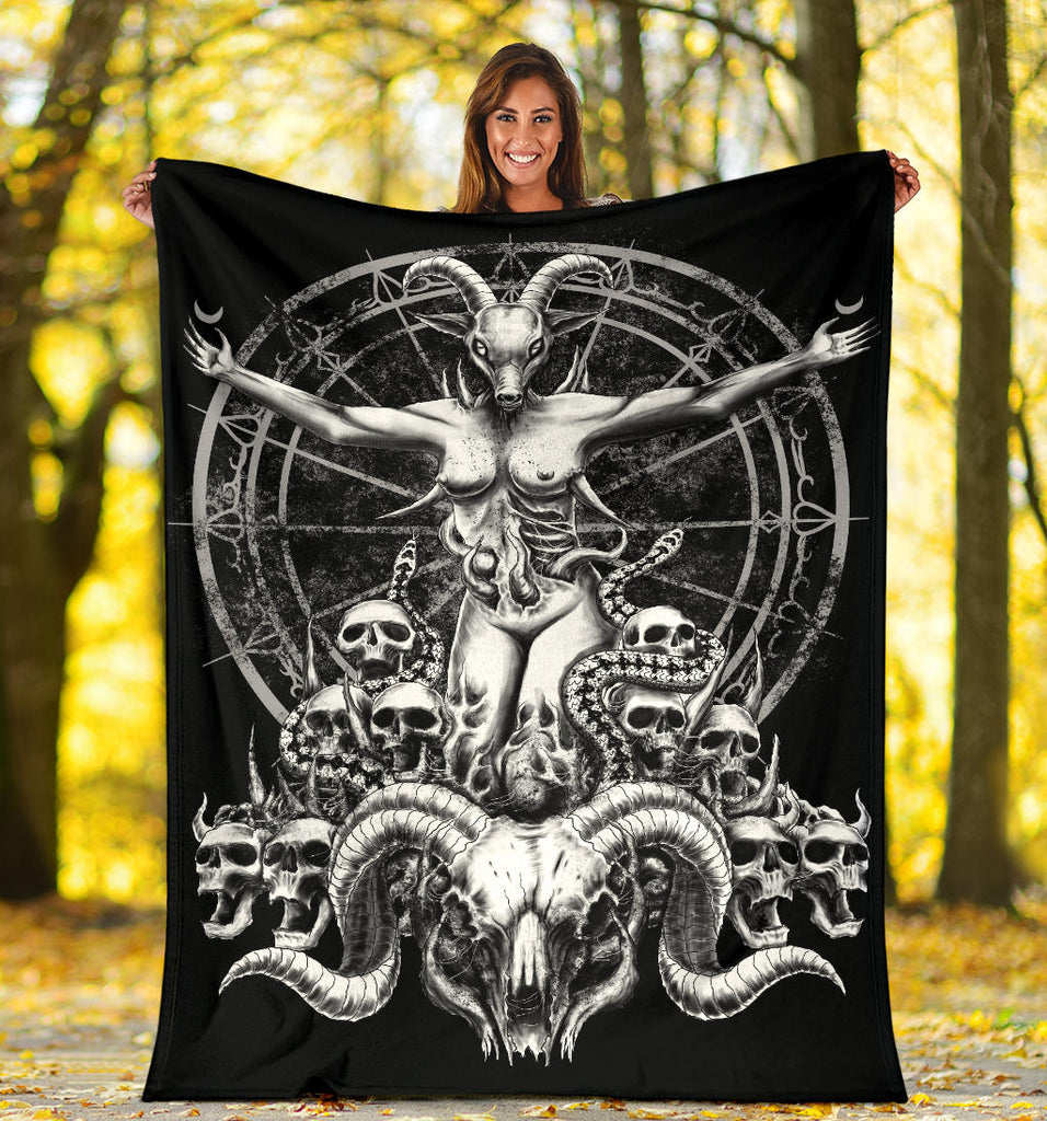 Skull Satanic Goat Demon Horn Woman Blanket Black And White Version