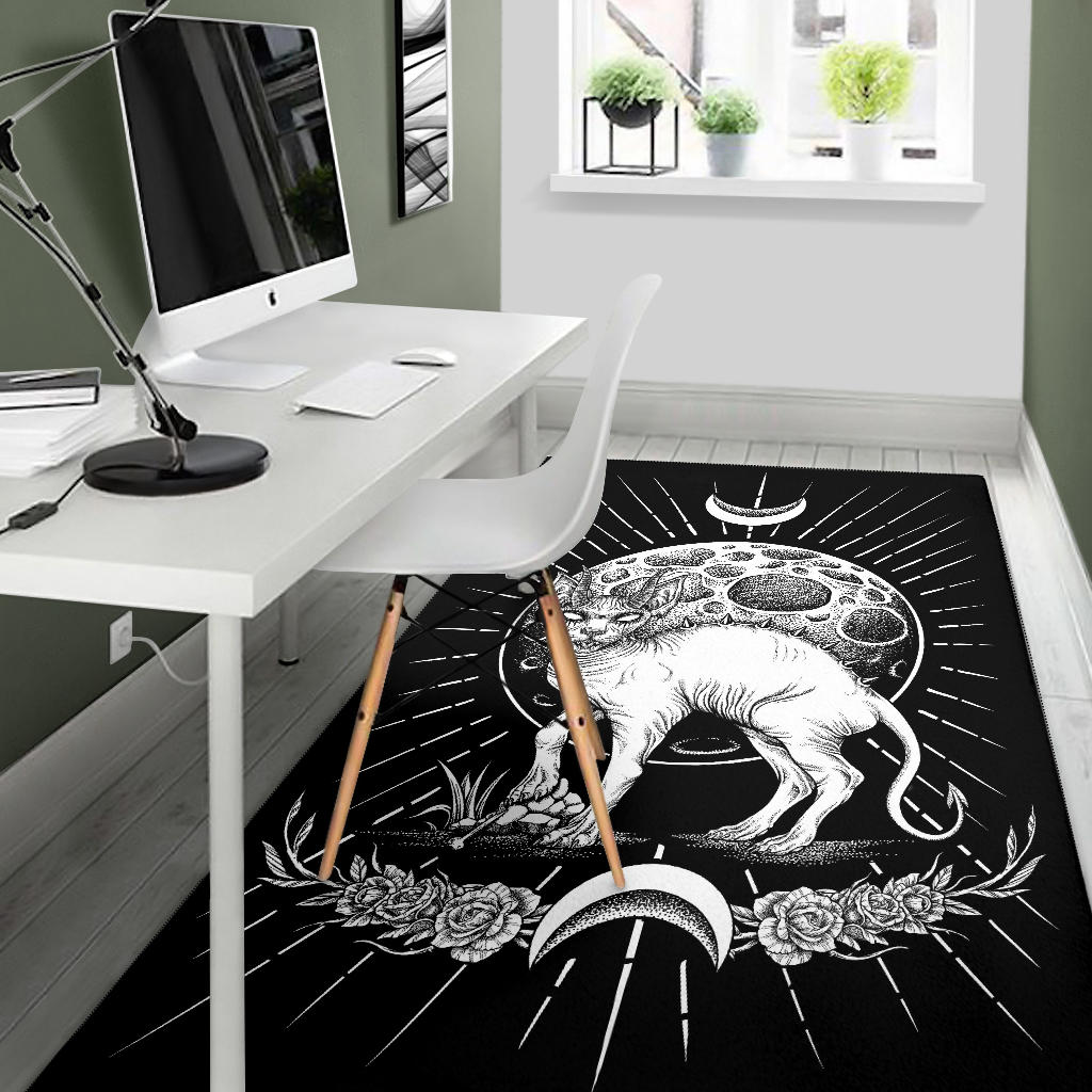Gothic Occult Black Cat Unique Sphinx Style Area Rug Black And White Awesome Full Cat Demonic White Eye Full Moon
