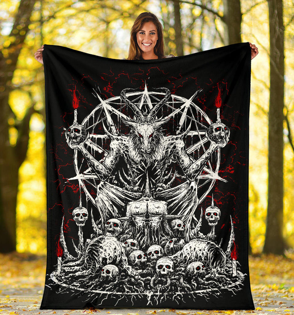 Skull Skeleton Satanic Goat Eternal Impaled Torment Skull Candle Trophy Blanket Black And White Red
