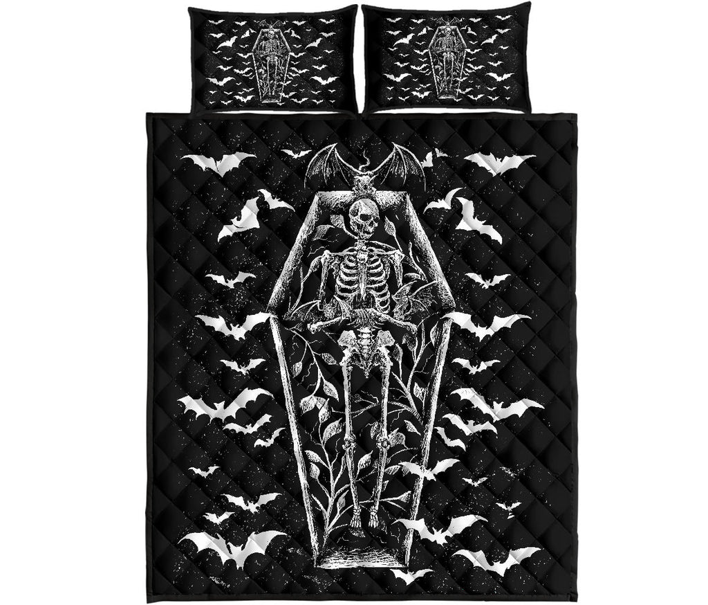 Bat Skull Skeleton Coffin Shrine 3 Piece Quilt Black And White