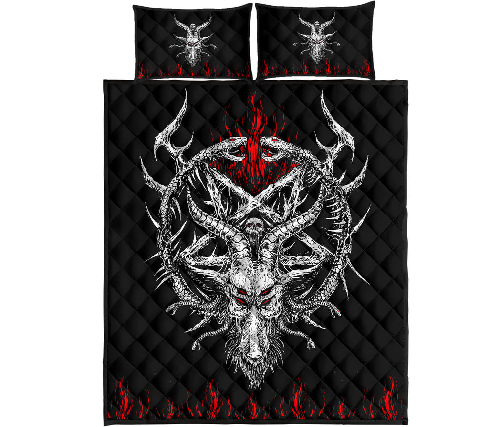 Skull Satanic Goat Satanic Pentagram Serpent Flame Quilt 3 Piece Bed Set