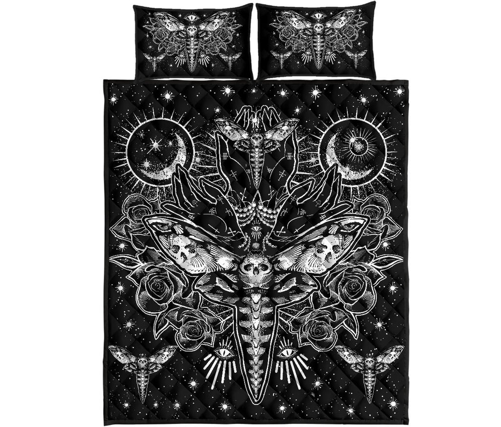 Skull Moth Secret Society Occult Style Quilt 3 Piece Set Black And White