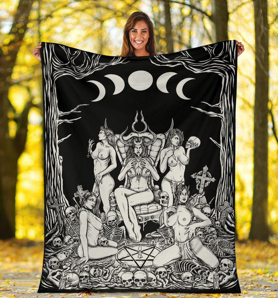 Skull Demon Satanic Pentagram Sexy Witch Throne Blanket