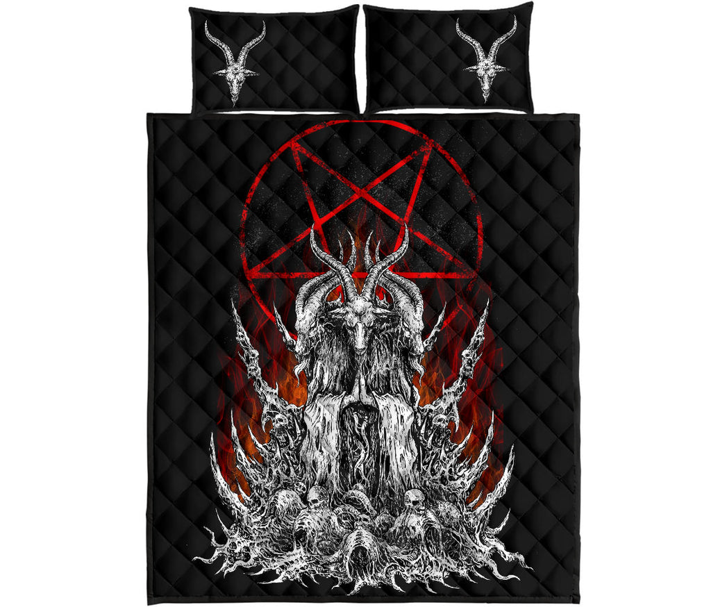 Skull Satanic Goat Satanic Pentagram Flame Quilt 3 Piece Set Large Flame Version