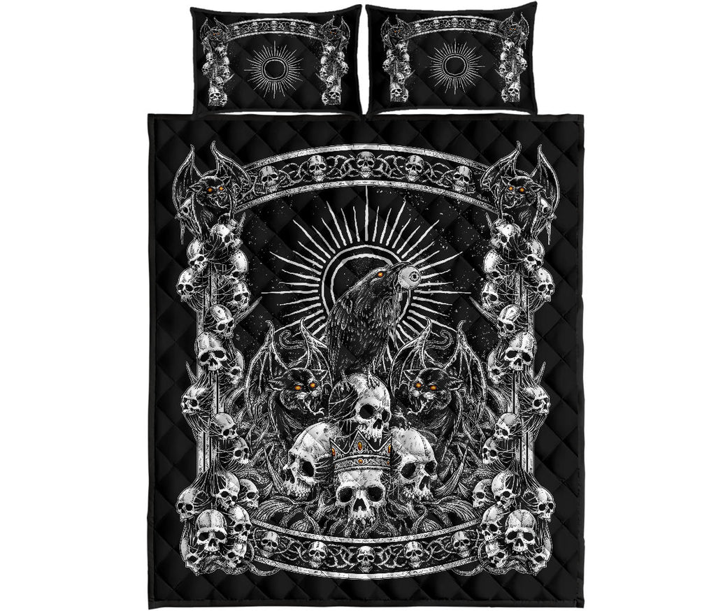 Skull Crown Demon Cat Crow Throne Quilt 3 Piece Set Black And White