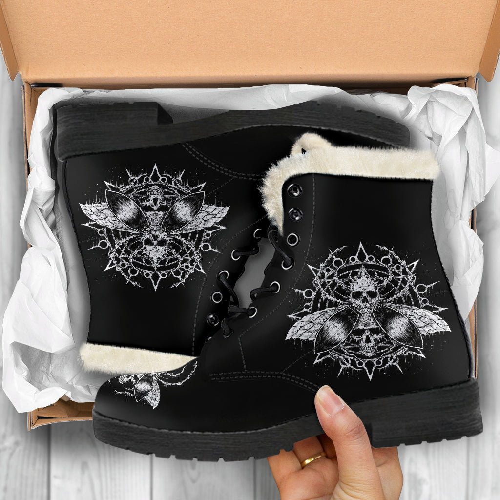 Skull Goth Fly Part 2 Faux Fur Handcrafted Leather Boots