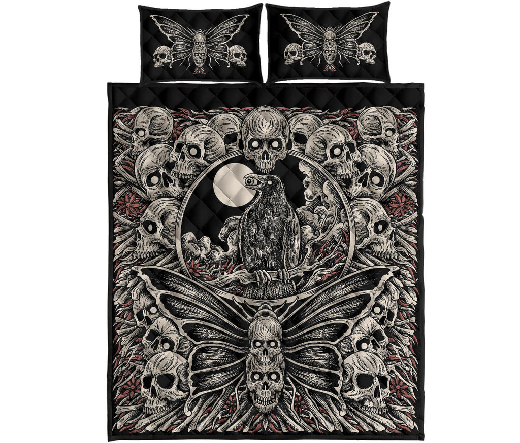 Skull Occult Raven Crow Moth Quilt 3 Piece Set Color Version