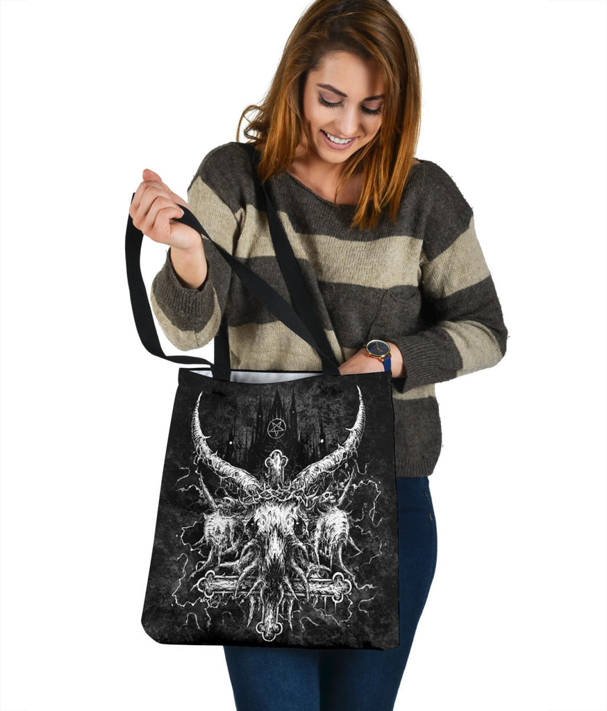 Skull Crowned Satanic Goat Satanic Cross Satanic Pentagram Night Church Tote Bag White Version