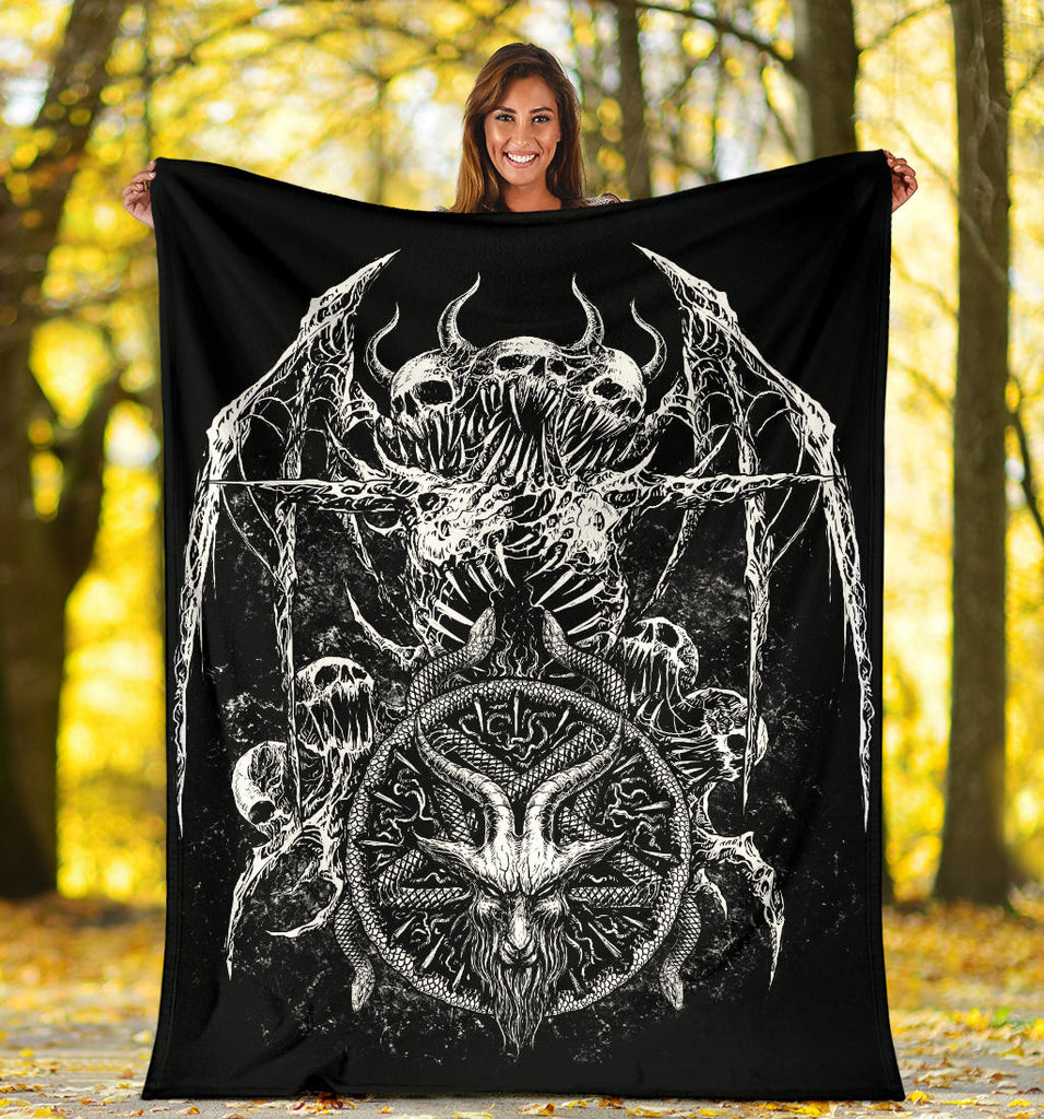 Skull Satanic Goat Satanic Pentagram Serpent Blanket Black And White