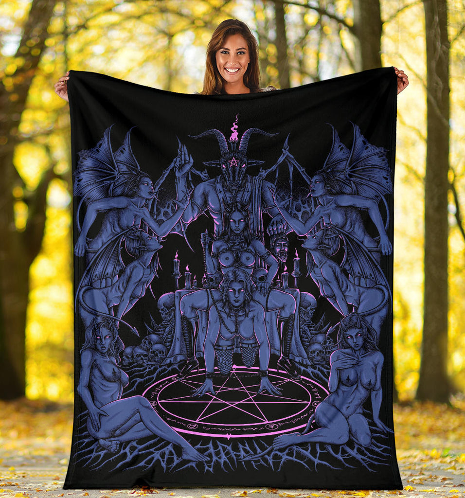 Skull Satanic Pentagram Batwing Demon Baphomet Savior Head Flesh Party Blanket Sexy Blue Pink