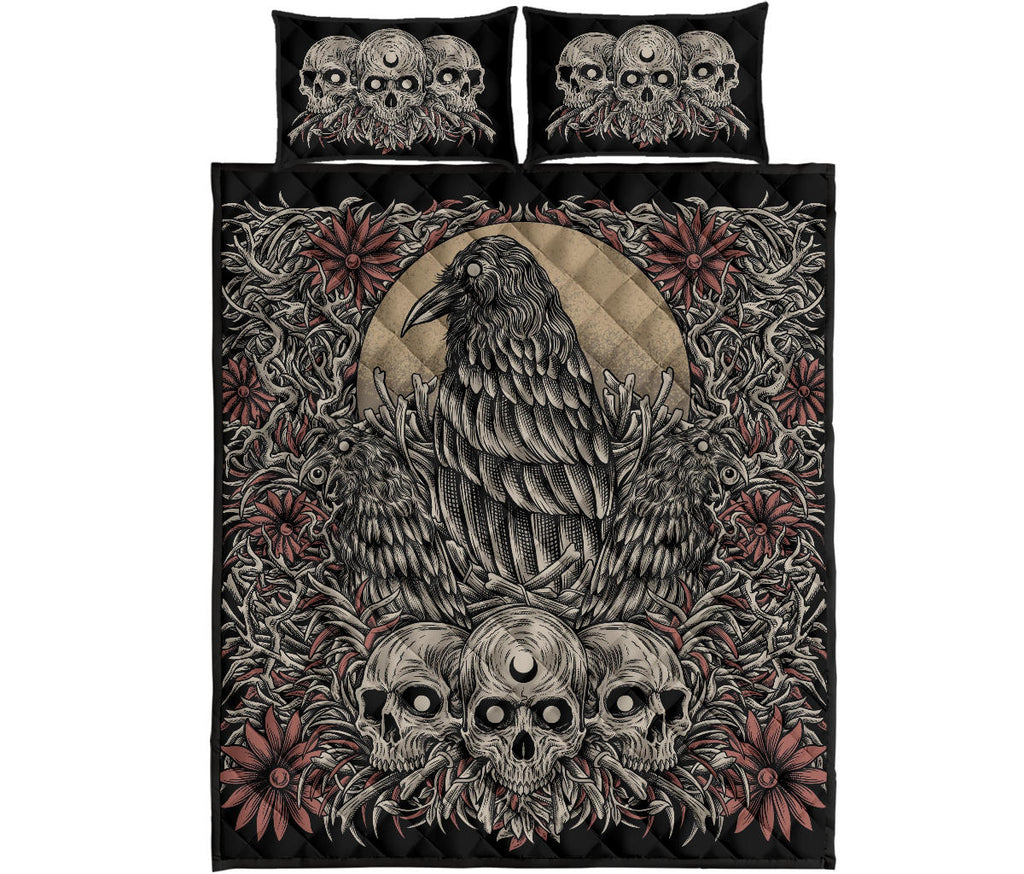 Skull Gothic Occult Crow Eye Quilt 3 Piece Set Wide Color Version