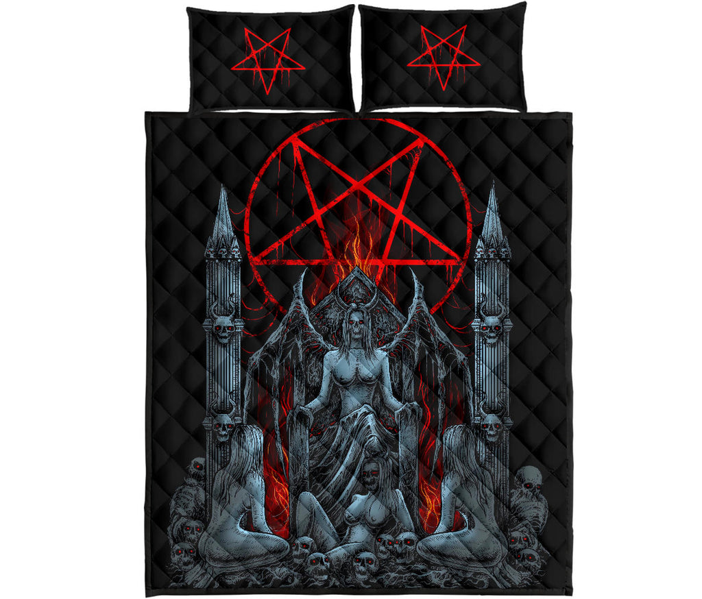 Skull Satanic Pentagram Lust Throne Quilt 3 Piece Set Color Version