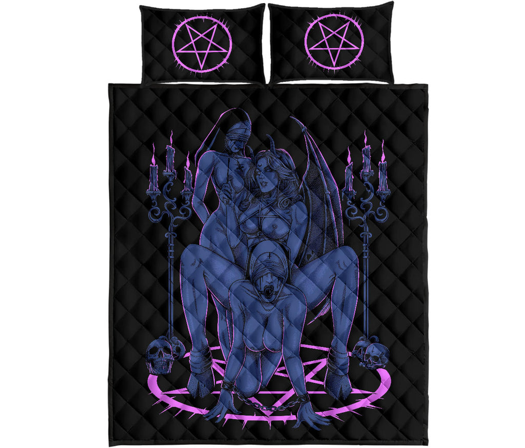 Skull Satanic Pentagram Thorn Candle Satanic Cross Erotic Possession 3 Piece Quilt Set Sexy Wild Blue Pink