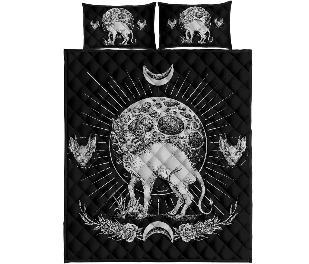 Gothic Occult Black Cat Unique Sphinx Style 3 Piece Quilt Set Black And White Awesome Full Cat Demonic White Eye Full Moon