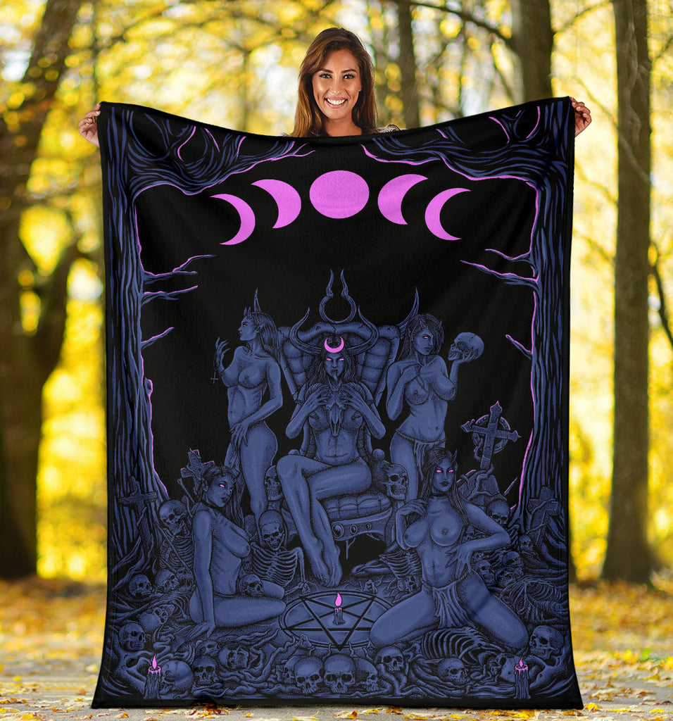 Skull Demon Satanic Pentagram Sexy Witch Throne Blanket Sexy Blue Pink