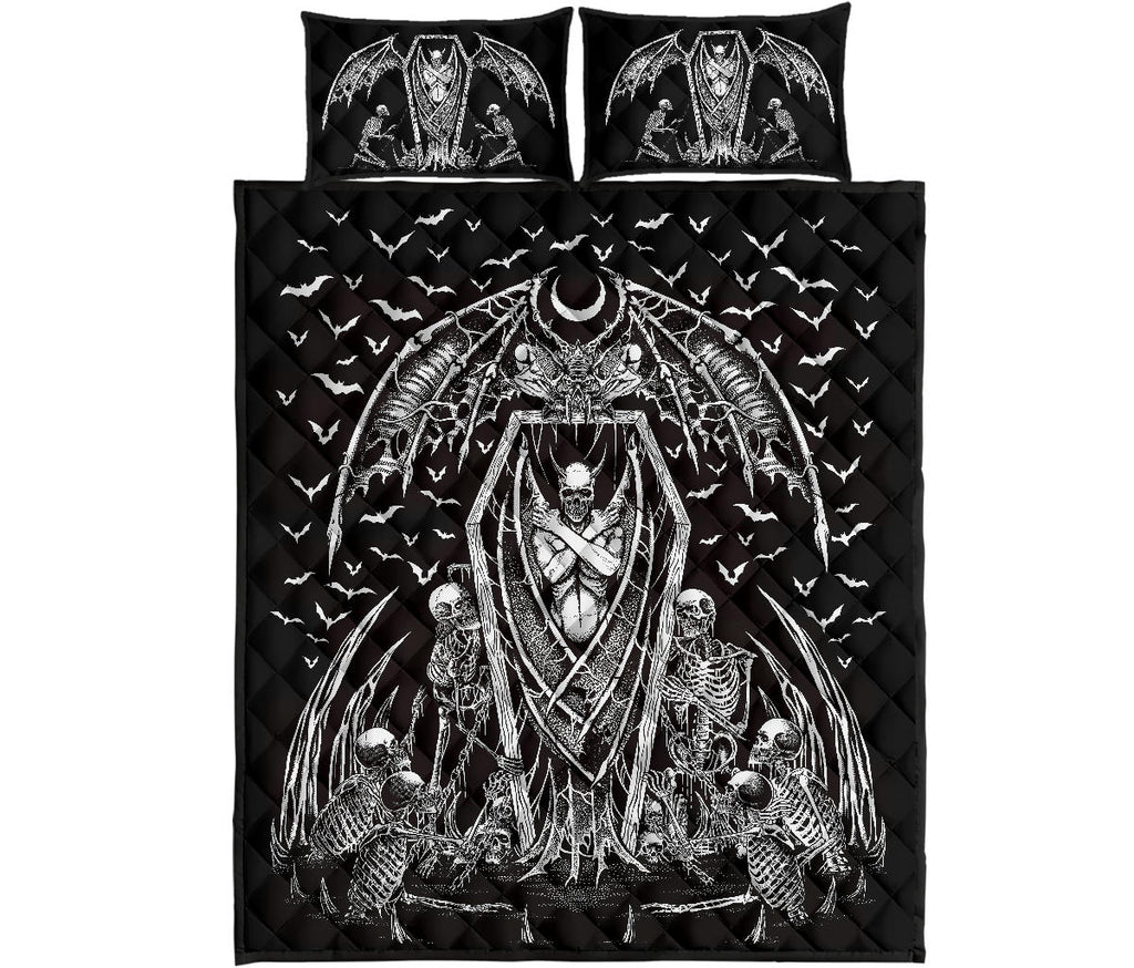 Skull Skeleton Chain Wicked Bat Shroud 3 Piece Quilt Set Black And White