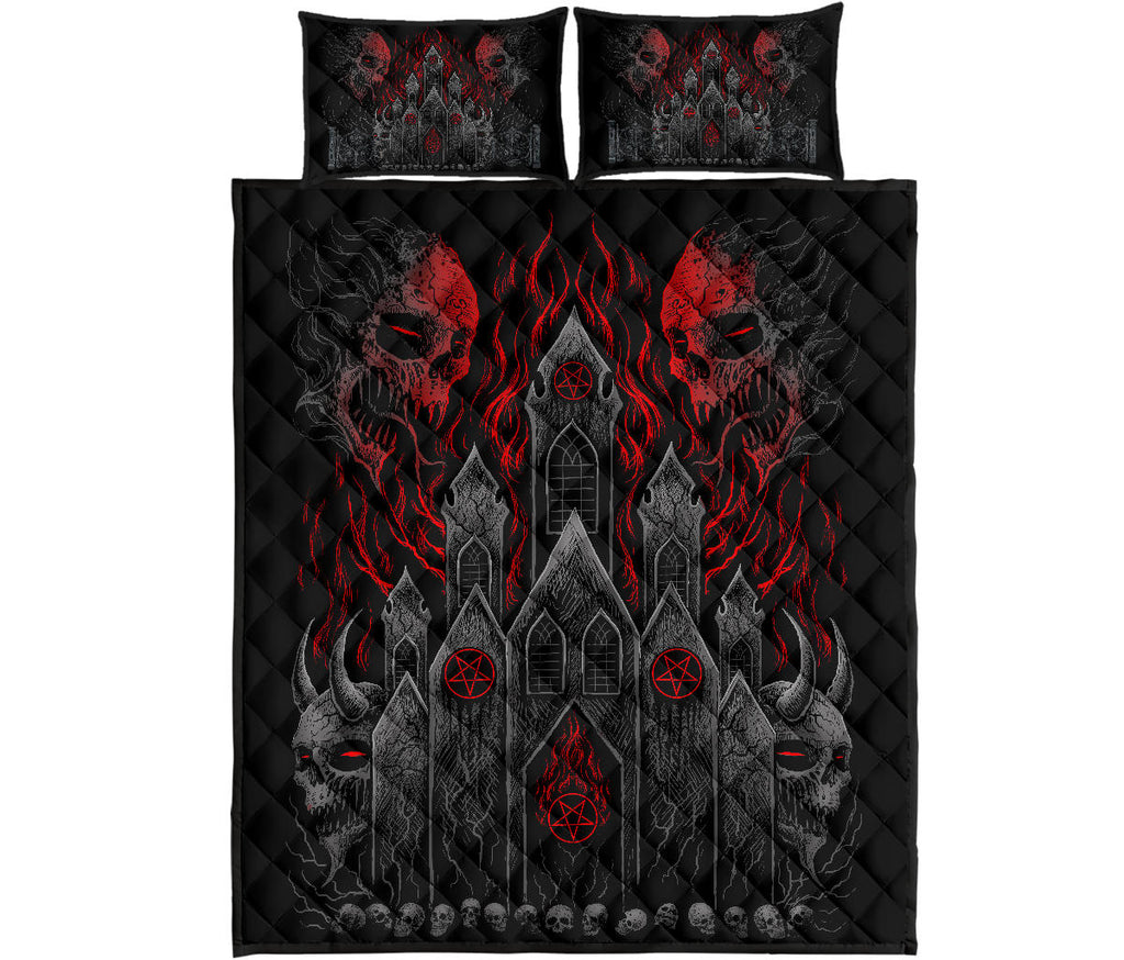 New! Skull Demon Satanic Pentagram Church Flame 3 Piece Quilt Red Flame