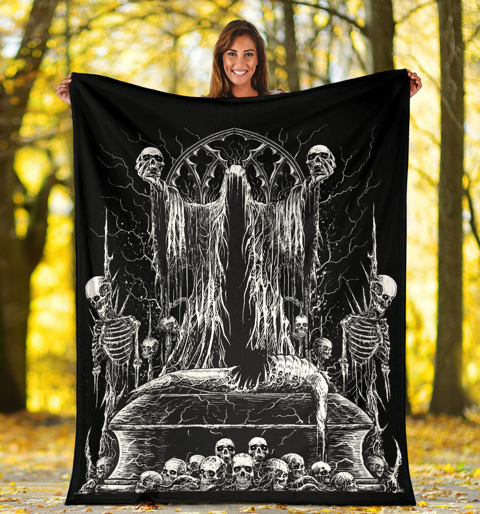 Skull Hooded Demon Impaled Coffin Shrine Blanket Black And White