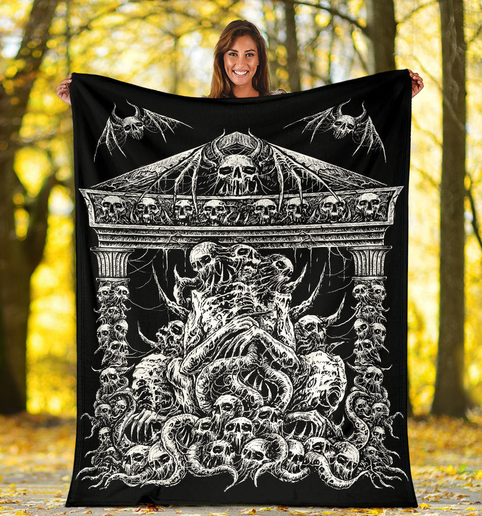 Skull Skeleton Demon Bat Skull Wing Death Shrine Blanket Black And White